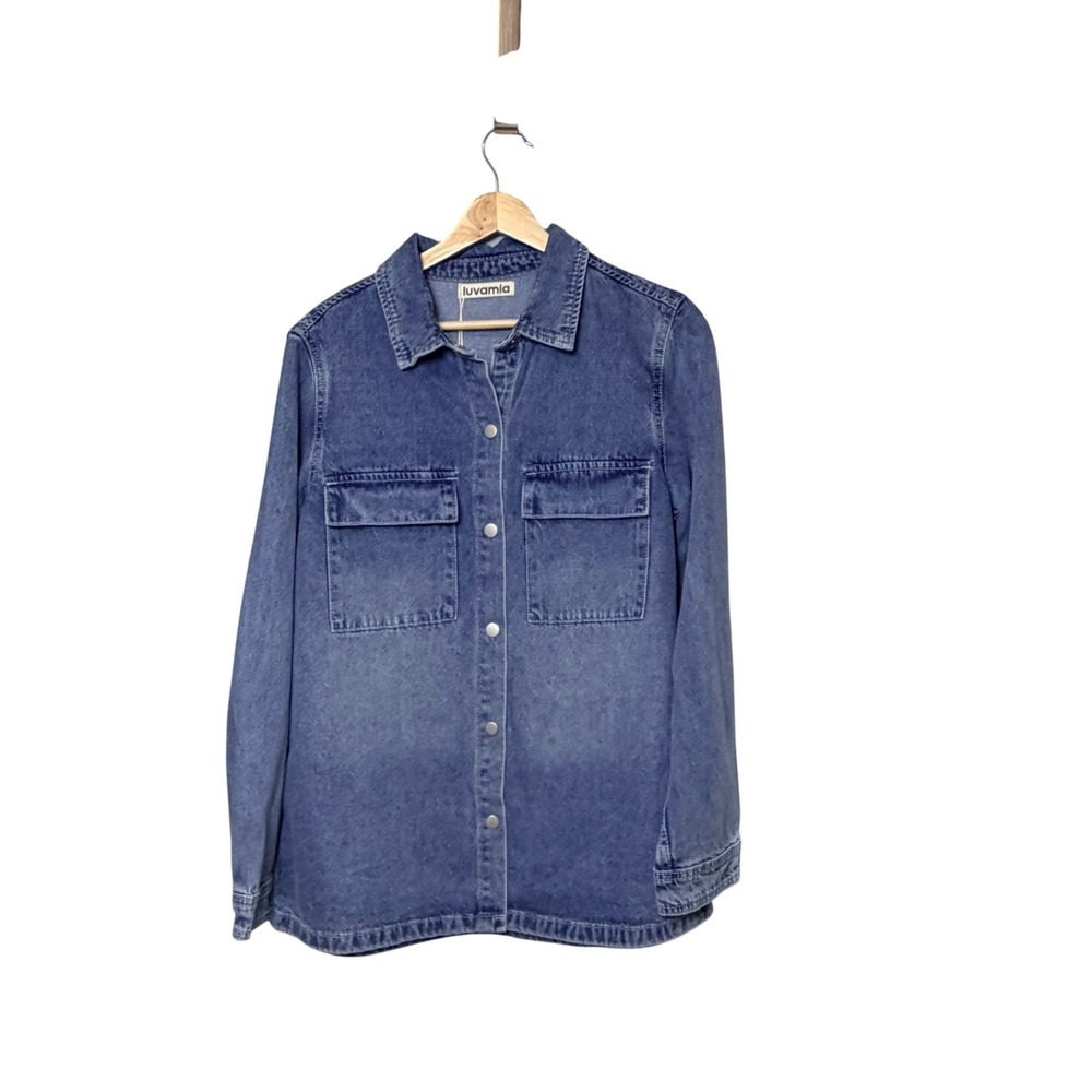 Luvamia Womens Medium Wash Denim Shirt Long Sleeve Snap Button Down Size M